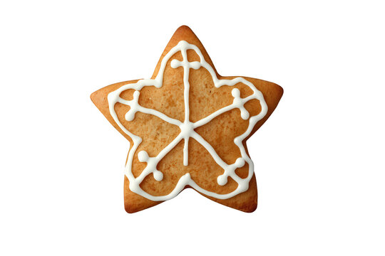 Gingerbread star cookie representing winter holiday festive season, decorated with white icing on transparent background