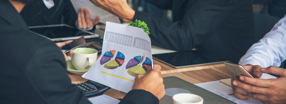 Banner Mission team meeting team BusinessPeople teamwork with copy space. Banner Business strategy team report chart, graph, infographic data analyze financial report plan. Teamwork collaborate
