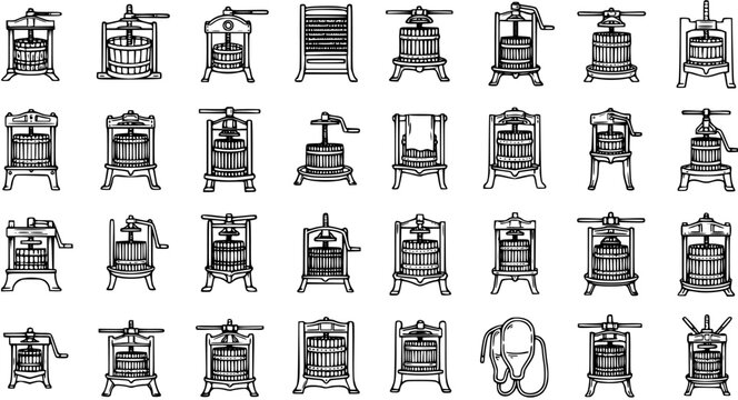 Food and Drink Industry Vintage Fruit and Wine Press Icons Set. Line Art Black and White Collection of Traditional Winemaking and Cider Equipment, Glyph Style.