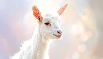 Fototapeta premium A white goat with perked ears against a colorful bokeh background