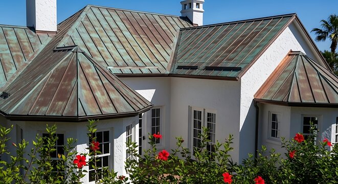 Weathered copper roof on a white house with red flowers architectural detail for luxury real estate and home renovation concepts