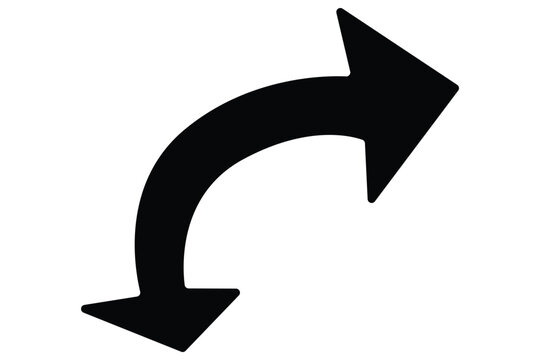 Bold black curved arrow pointing up and right on white background, upward rightward direction