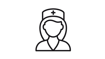 Fototapeta premium Black line vector icon illustration of a female nurse wearing a traditional medical cap with a cross symbol, representing healthcare professionals, nursing, and medical assistance services.