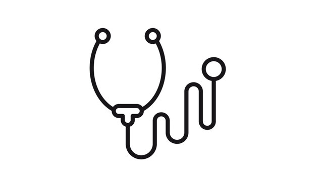 Minimalist black line art vector icon illustration of a medical stethoscope with wavy tubing forming a heartbeat pulse pattern, isolated on white for healthcare, medicine, and diagnostic design.