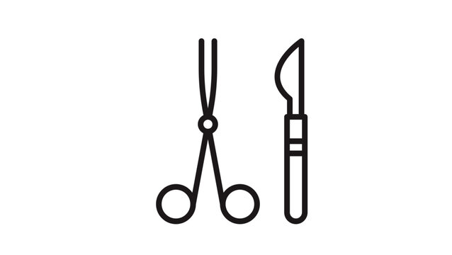 Surgical tools vector icon illustration featuring a scalpel and medical scissors in a minimalist black line art style, perfect for healthcare, surgery, and medical clinic graphic design.