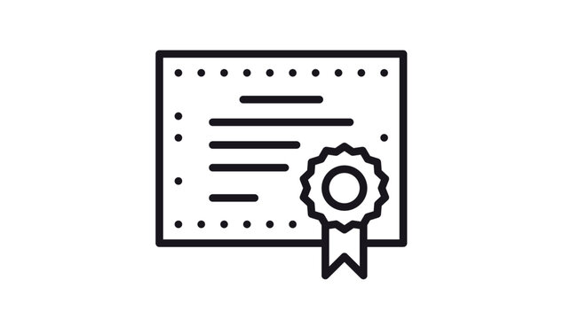 Minimalist black line vector icon of a certificate or diploma document featuring a decorative dotted border and a seal with ribbons, representing achievement, graduation, and certification.