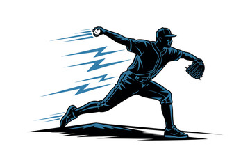 Fototapeta premium A baseball player throwing a ball with motion lines and lightning effects in the background
