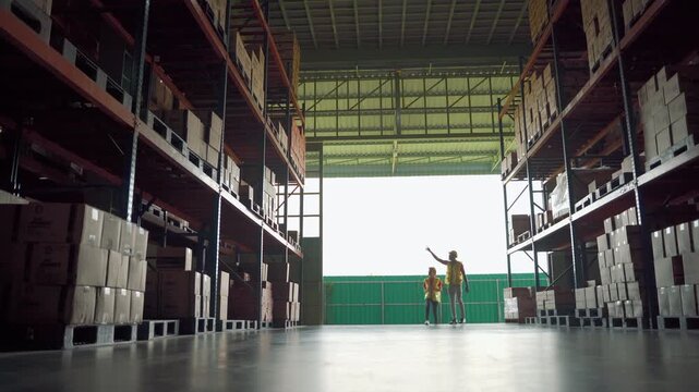 Two warehouse workers reviewing inventory data and discussing operations inside storage facility with mechanical parts and equipment

