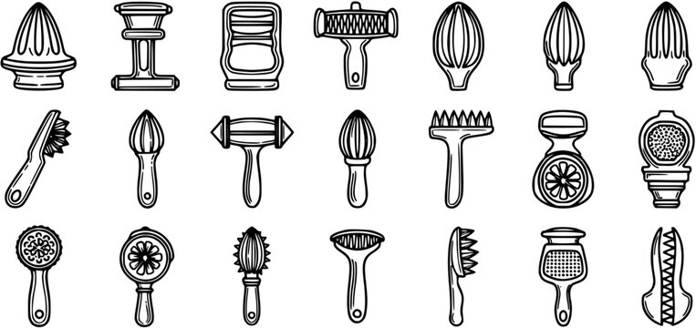 Black and White Line Art of Various Kitchen Gadgets and Utensils
