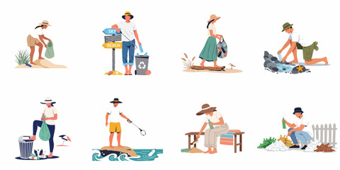 Fototapeta premium Set of diverse volunteers cleaning up plastic waste and trash from beaches to protect the environment and marine life.