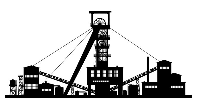Silhouette of a historic coal mining structure against a white background