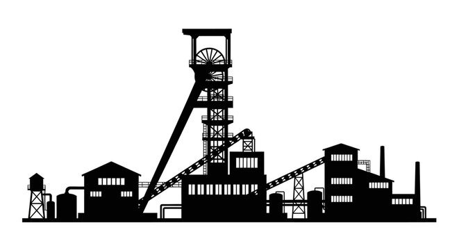 Silhouette of an industrial mining complex against a white background