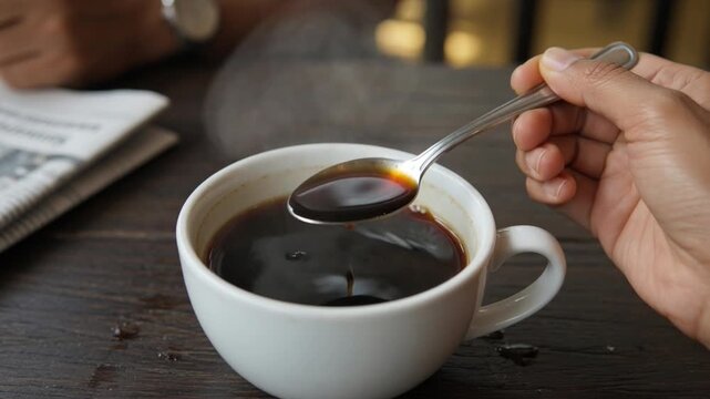 Person Stirring Black Coffee in Cup