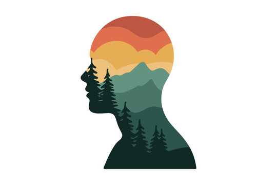 A stylized illustration of a human head filled with a serene mountain landscape and trees at sunset