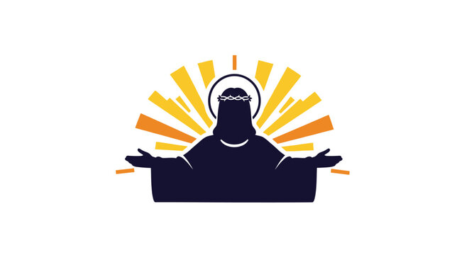 Jesus Christ silhouette with radiant halo, open arms, crown of thorns, divine light rays