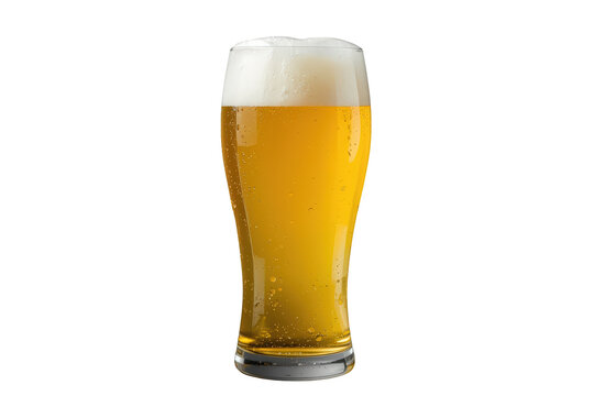 Glass of cold lager beer pouring, creating a frothy head, refreshing alcoholic drink on transparent background