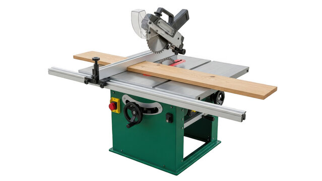 Table saw machine with wood plank isolated on transparent background