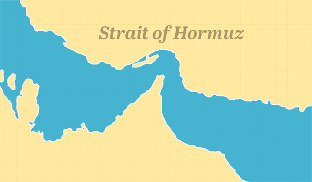 Flat Vector Map Illustration of the Strait of Hormuz Connecting the Persian Gulf and Gulf of Oman Showing Strategic Middle East Maritime Shipping Routes for Global Oil Trade and Political Geography.