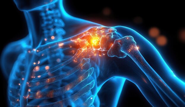 Translucent blue human upper torso anatomy highlighting a glowing orange inflamed shoulder joint and rib bones, conveying sharp shoulder pain and injury
