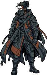 Fototapeta premium Cyberpunk samurai warrior standing with mask and tactical gear, pixel art style, dark atmosphere, detailed clothing, futuristic combatant