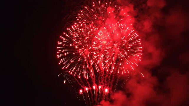 Vibrant red fireworks exploding brightly in the dark night sky