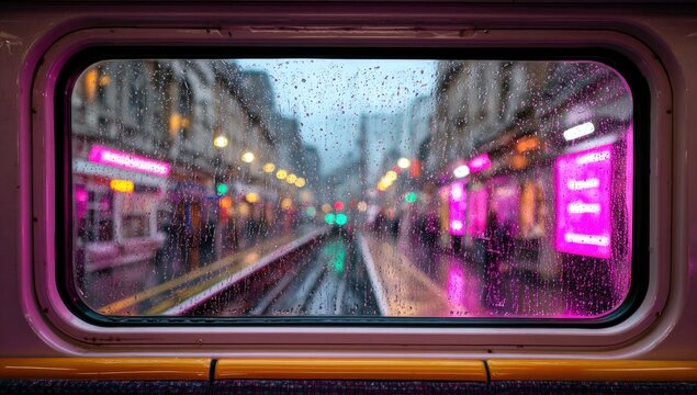 A rainy cityscape is viewed through a blurred, water-streaked train window, showcasing vibrant neon lights and a sense of urban motion.