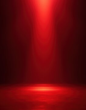 empty dark stage with a red spotlight beam illuminating a reflective floor, dramatic and moody atmosphere