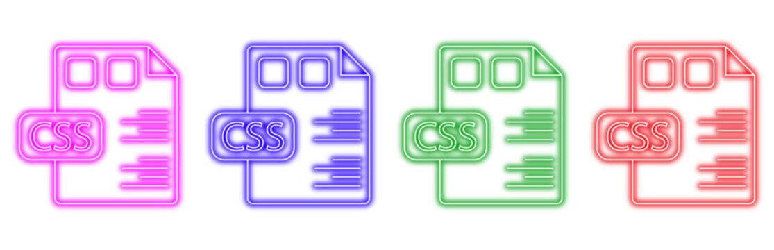 set of colorful neon css file icons representing web development, coding, and digital design technology for modern applications