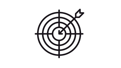 Target icon with an arrow hitting the bullseye, representing success, goal achievement, and precision. Black line art vector illustration isolated on a white background for business design. © Ingrid