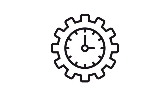 Minimalist black vector icon illustration of an analog clock face inside a gear cogwheel, symbolizing time management, productivity, efficiency, industrial scheduling, and workflow optimization.