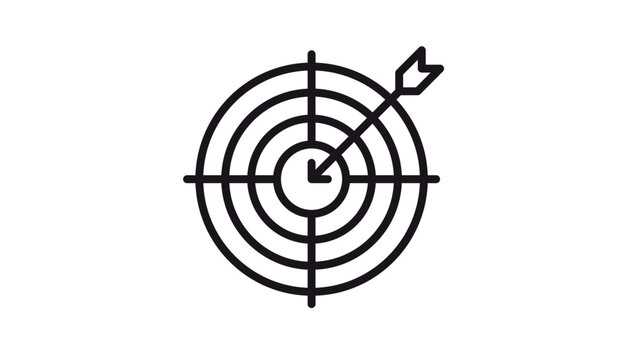 Target icon with an arrow hitting the bullseye, representing success, goal achievement, and precision. Black line art vector illustration isolated on a white background for business design.