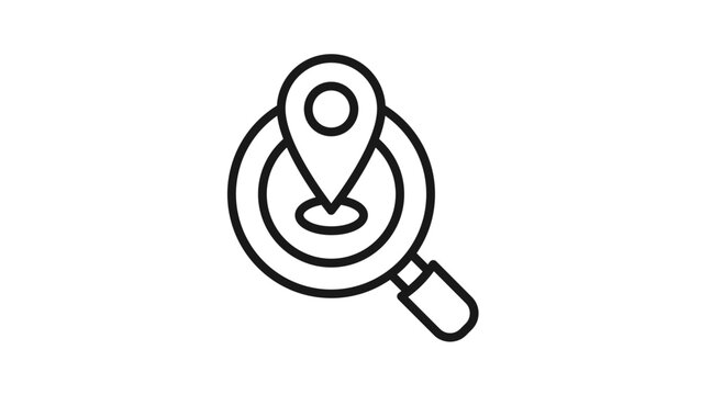 Black line vector icon illustration of a magnifying glass with a map pin location marker inside, representing local search, finding a place, navigation, and discovery on a white background.