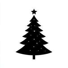 Obraz premium minimal black silhouette fir tree with star topper and small twinkling stars, festive calm holiday design