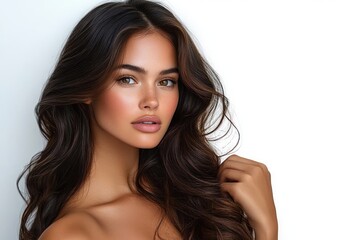 Fototapeta premium elegant woman with long wavy dark brown hair, hand lifting curls over bare shoulder against clean white background, confident and serene portrait