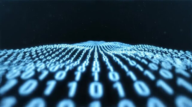Binary code data stream in digital space for commercial backgrounds, digital design, and advertising