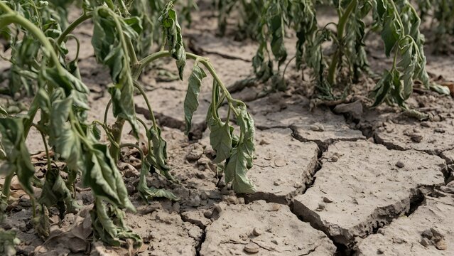 Wilted plants and cracked dry earth symbolizing drought and arid conditions image photo