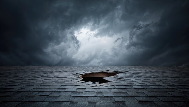 A dramatic scene depicts a gaping hole in a dark gray shingle roof, revealing a bright, stormy sky filled with ominous clouds, creating a sense of impending doom and mystery.