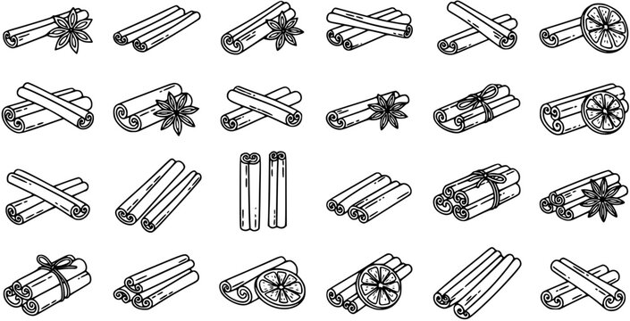 Food  Spice Black and White Line Art Set: Hand-Drawn Cinnamon Sticks, Star Anise  Citrus Icons. Outline Collection for Cooking, Baking, and Holiday Designs.