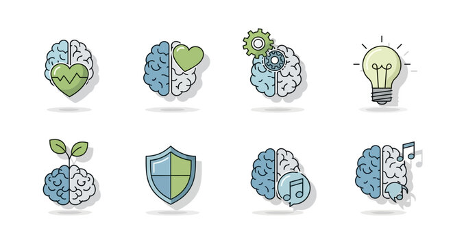 Brain icons illustrate various concepts like growth and security.