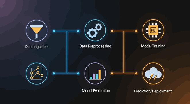 A flowchart illustrates the machine learning process with data integration, preprocessing, model training, evaluation, and deployment.