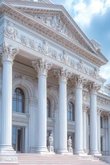 Fototapeta premium Majestic neoclassical building facade with towering Corinthian columns, ornate pediment and sculpted friezes, arched windows, stone steps and statues under a bright blue sky