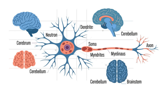 A detailed illustration of a human brain and neuron structure showing various parts.