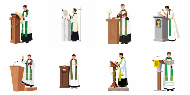 Set of flat vector illustrations depicting a priest in liturgical vestments preaching and reading scriptures from various church pulpits and lecterns.