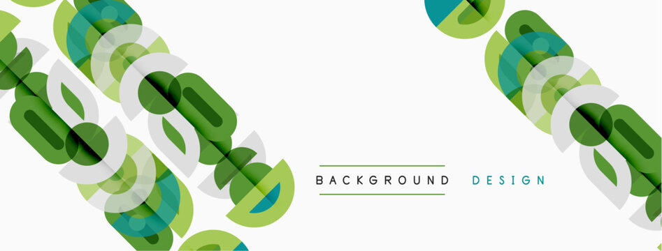 Abstract geometric shapes overlap, creating vibrant green, blue pattern. White space provides clean contrast, modern aesthetic.