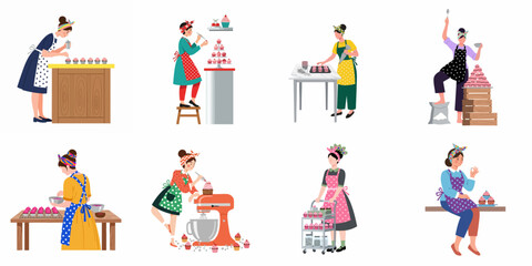 Fototapeta premium Vector collection of female pastry chefs and bakers decorating delicious cupcakes in various kitchen settings, wearing colorful aprons and headbands.