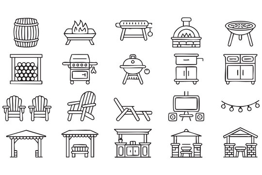 Backyard Grill Fire Pit and Garden Furniture Vector Icon Collection