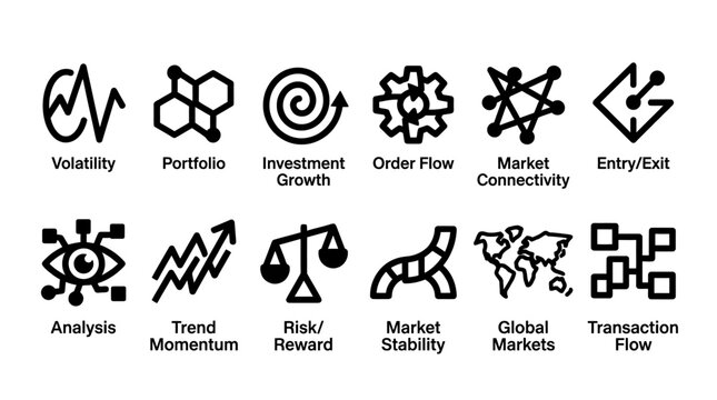 Icons Set Illustrating Business and Financial Concepts with Line Art Style