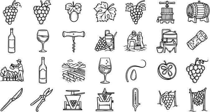 Black and White Line Art Icons of Grapes, Wine Production and Vineyard Elements