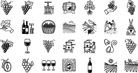 Naklejka premium Wine and Viticulture Icons Set. Black and White Line Art Symbols of Grapes, Bottles, Glasses, Vineyard, and Winemaking Process. Food and Drink Industry Glyph Pictograms.
