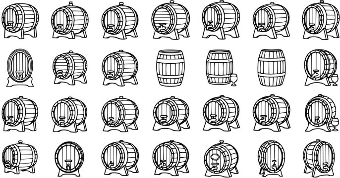 Black and White Line Art of Various Barrels, Casks, and Kegs for Beverage Industry